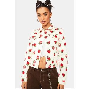 Dangerfield Dolls Kill Strawberry Drill Print Denim Jacket Trucker Coat sz 10
